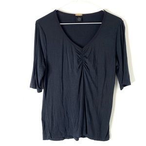 Magaschoni Black V Neck Ruched Front Cropped Sleeve Top Stretch Knit